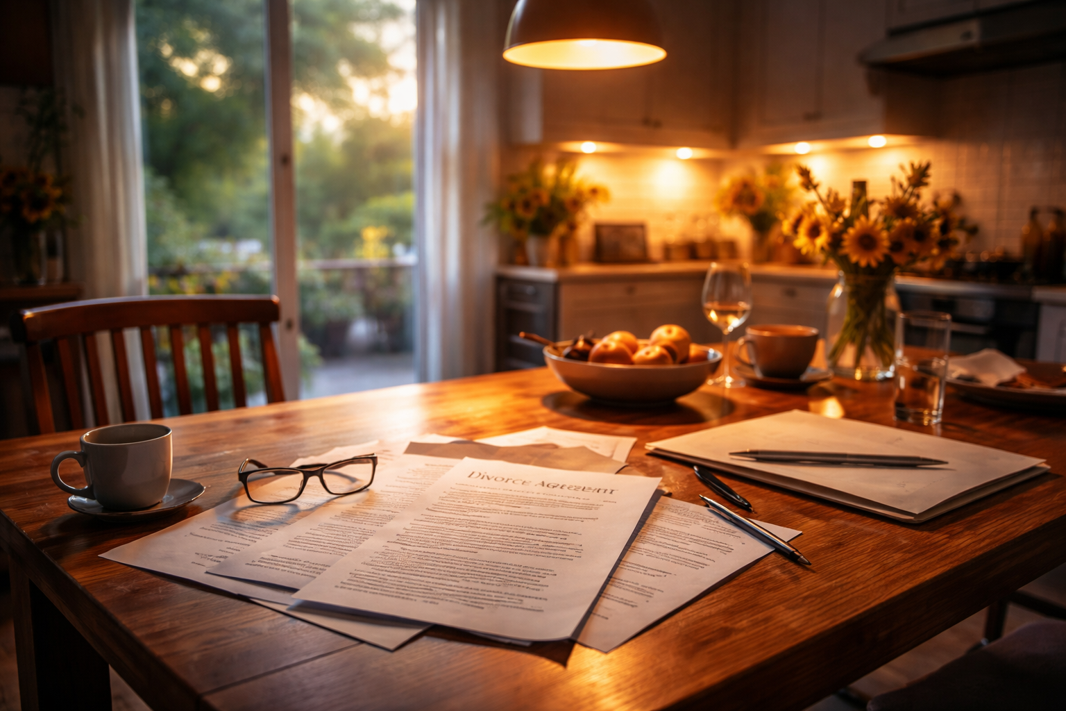 A warm, cinematic kitchen scene at sunset with divorce paperwork spread across a wooden table, representing the emotional weight of beginning Texas uncontested divorce forms.