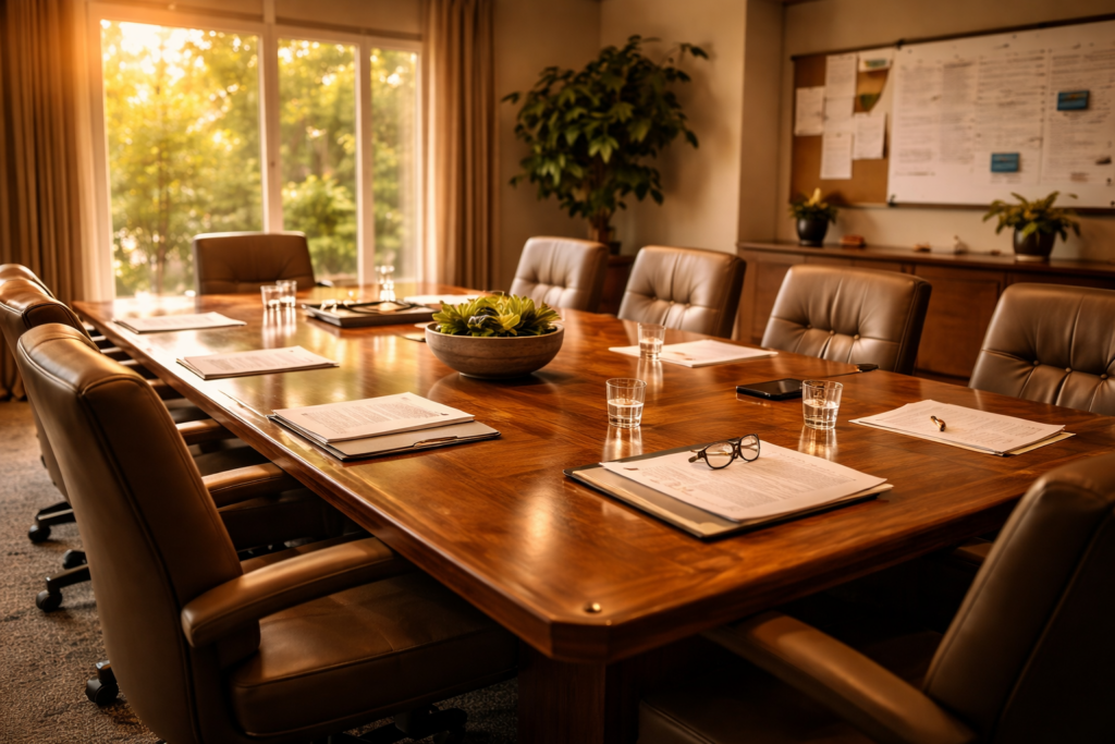 The image depicts a spacious meeting room featuring a large conference table surrounded by chairs, designed for mediation sessions related to family law cases such as contested or uncontested divorce. This setting emphasizes the importance of reaching agreements on key issues like child custody and property division, reflecting the legal process involved in divorce in Texas.