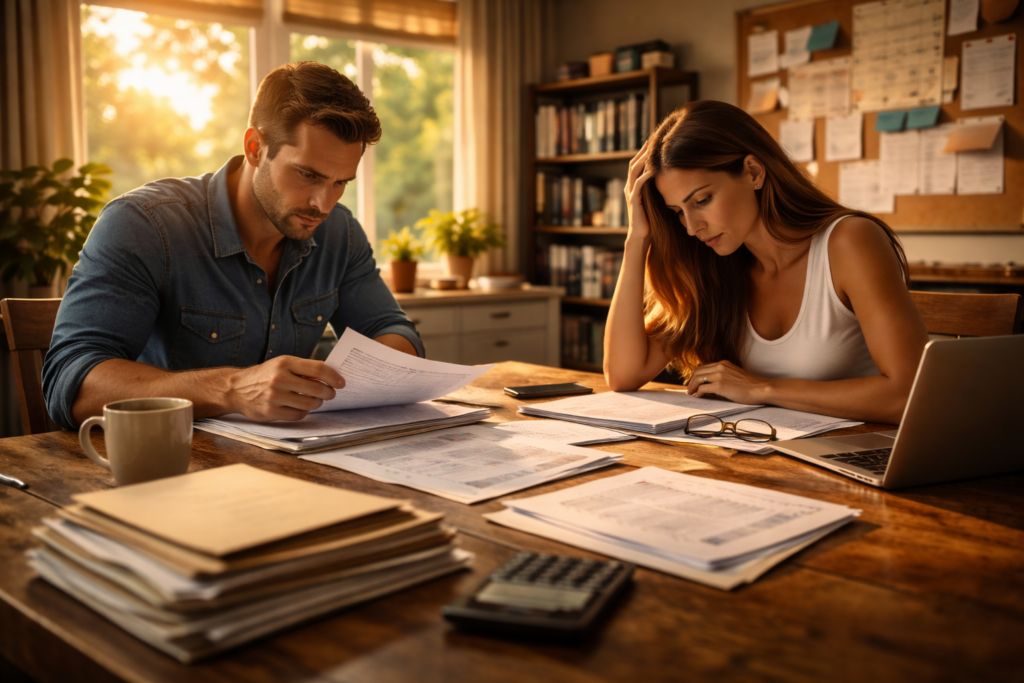 Wide-angle cinematic photo of a couple reviewing legal documents at a dining table during a Texas contested divorce, with warm summer sunlight filling the room and paperwork spread across the table.