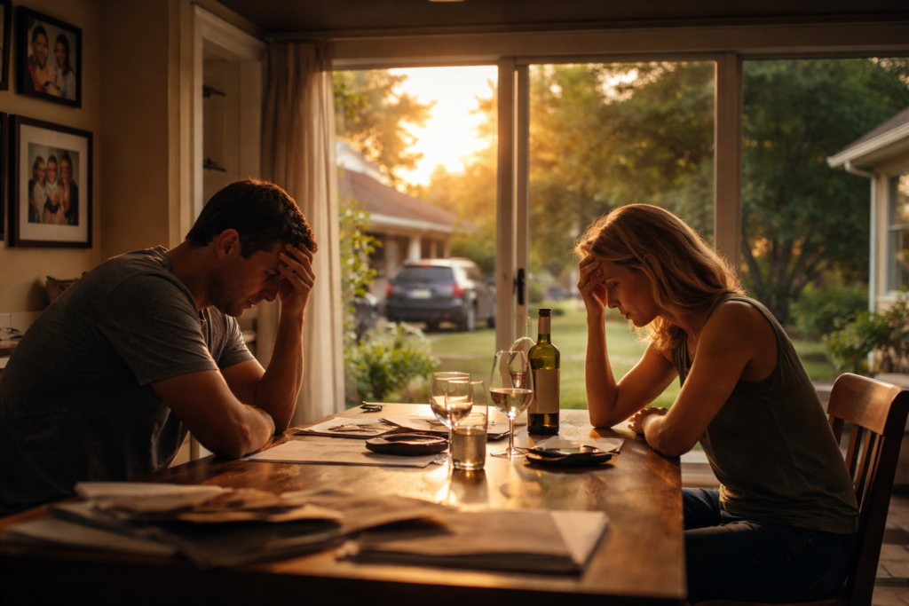 Couple sitting at kitchen table at sunset after difficult conversation about contested Texas divorce