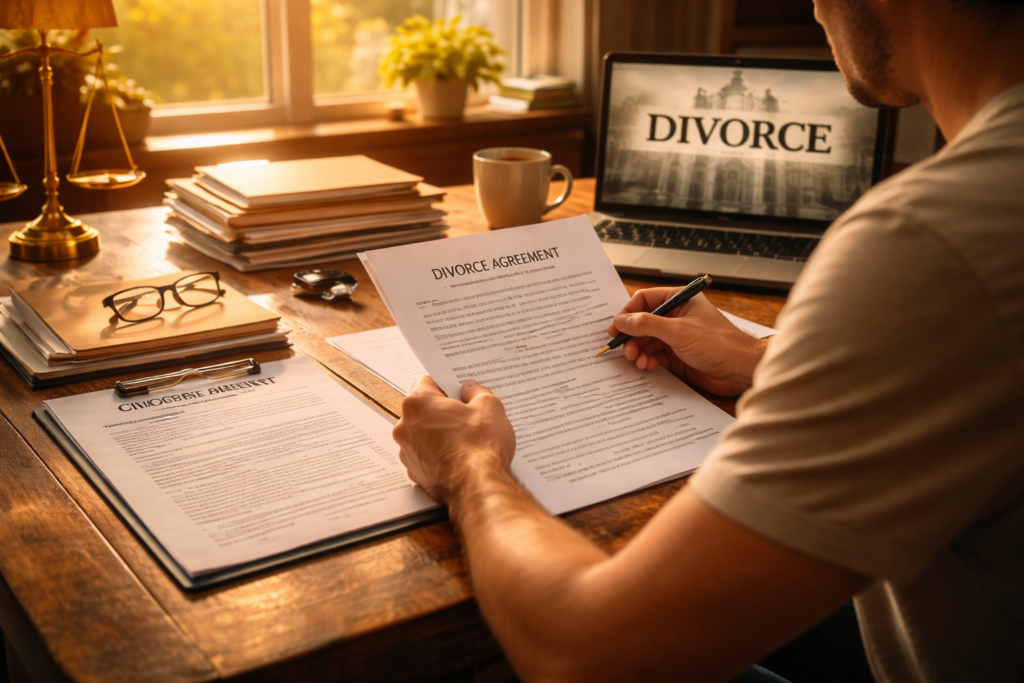 A person is seated at a wooden desk, reviewing legal documents related to a divorce case, with a laptop open nearby. The scene reflects the complexities of the divorce process, possibly involving issues like child custody or property division under Texas law.