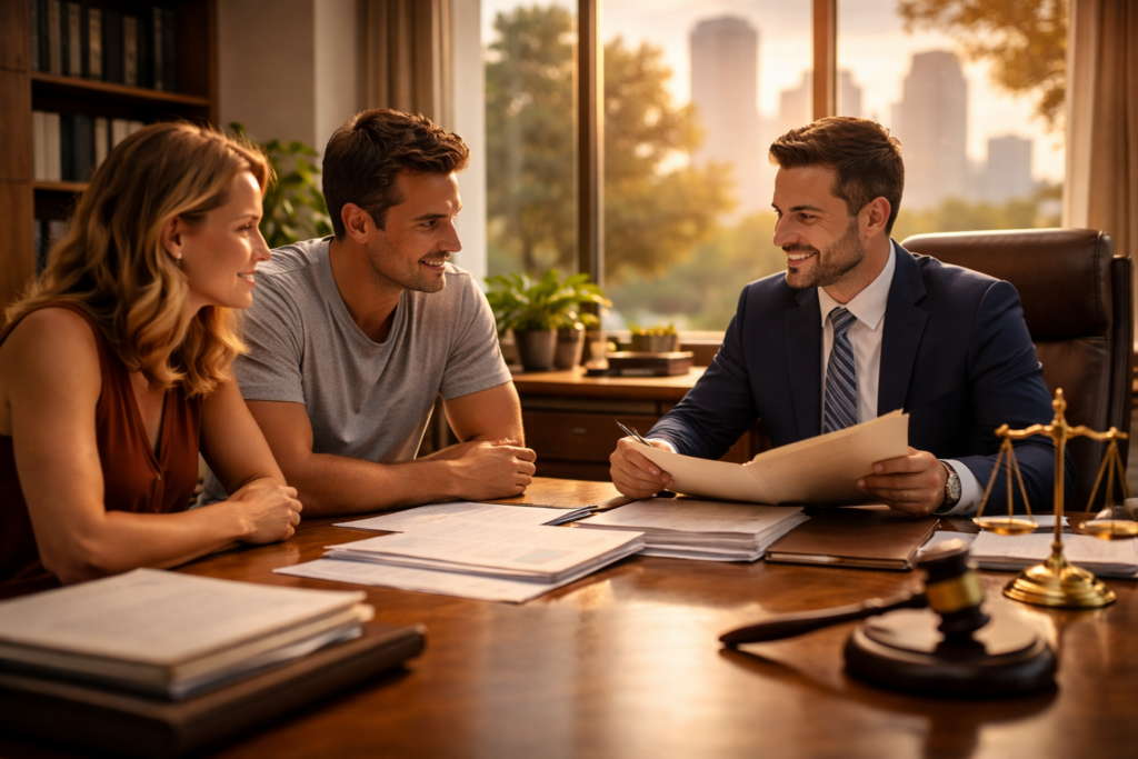 Texas divorce attorney meeting with couple in sunlit Houston office discussing contested divorce strategy and custody matters