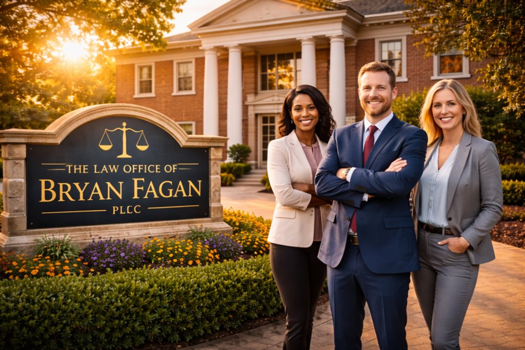A wide-angle, photo-realistic image of The Law Office of Bryan Fagan PLLC featuring the firm’s brick building, a large sign with the firm’s name, and three attorneys standing confidently in front, illuminated by warm summer sunlight.