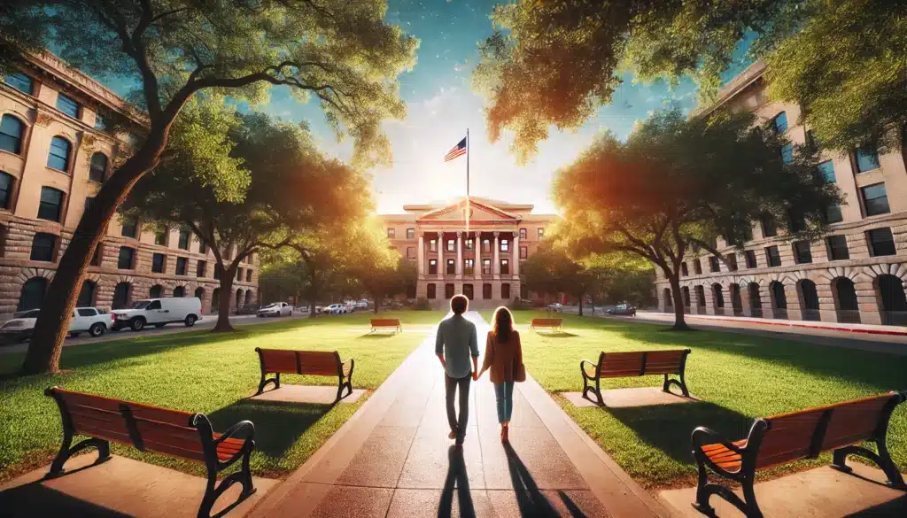 A wide-angle, photo-realistic, cinematic summer scene symbolizing the concept of no-fault divorce in Texas. The image captures a peaceful, sunlit setting in a park with a courthouse in the distance. Two individuals are calmly walking apart in opposite directions but looking peaceful and content. The scene has warm summer vibes with blue skies, green trees, and sunlight filtering through. The mood is one of calm resolution, signifying the mutual decision to part ways without conflict. The courthouse symbolizes the legal process, while the summer setting evokes a sense of new beginnings.