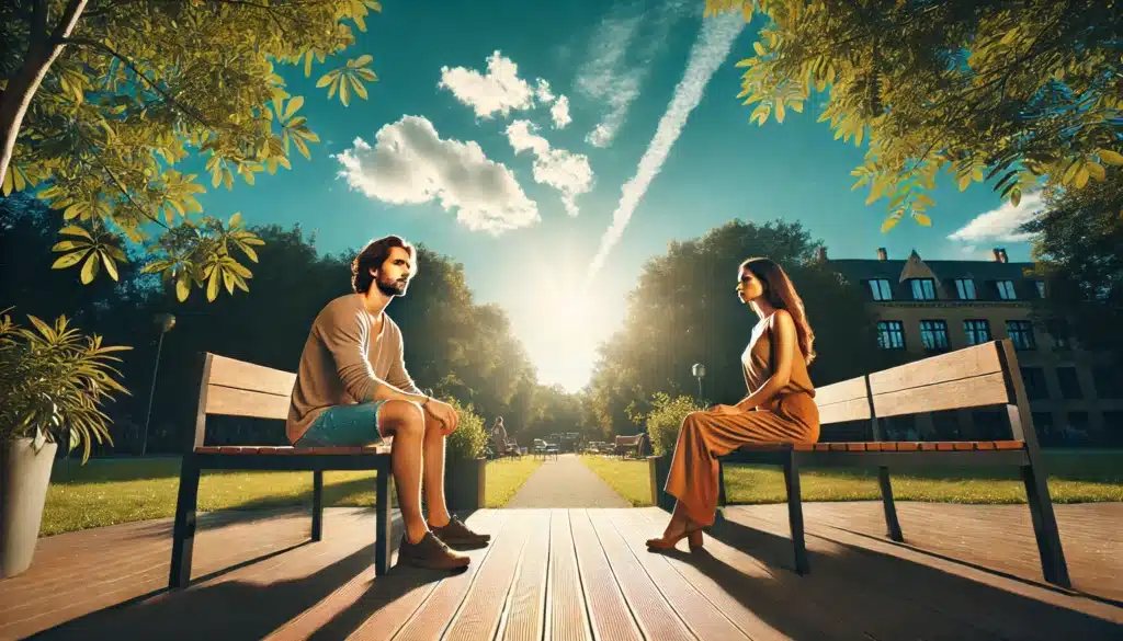 A wide-angle, photo-realistic, cinematic summer scene highlighting the benefits of no-fault divorce. The image captures two individuals, a man and a woman, sitting at separate benches in a peaceful park, looking calm and content. The setting is bathed in warm sunlight, with blue skies and vibrant greenery around. They are not in conflict, and their expressions reflect a sense of relief and moving forward. The summer vibes and relaxed atmosphere emphasize the idea of parting ways amicably, free from stress, representing the positive outcomes of no-fault divorce.