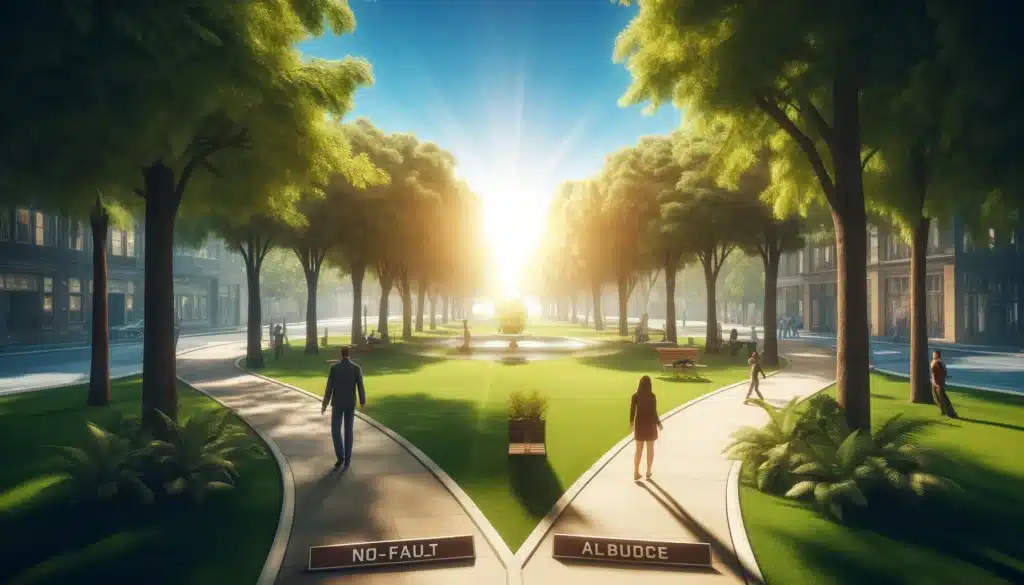 A wide-angle, photo-realistic, cinematic summer scene illustrating the comparison between no-fault and fault-based divorces. The image features a peaceful park with two distinct paths diverging from a central point. On one path, a couple walks calmly, reflecting the smooth and amicable process of a no-fault divorce. On the other path, another couple appears in heated discussion, symbolizing the conflict and tension typical of a fault-based divorce. The bright blue skies, sunlight filtering through trees, and warm summer atmosphere evoke a sense of decision-making and clarity. The scene symbolizes the choice between the two types of divorce.