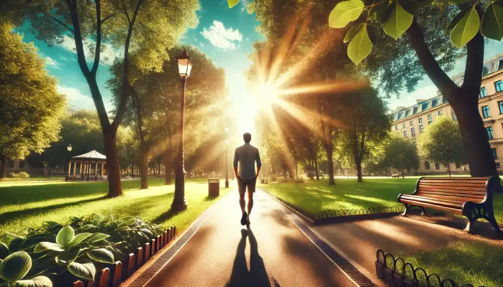 A wide-angle, photo-realistic, cinematic summer scene representing life after divorce. The image captures a serene park setting with one person walking confidently down a sunlit path, surrounded by greenery, bright blue skies, and warm sunlight filtering through the trees. The individual appears calm and content, symbolizing new beginnings and peace after the divorce process. The summer vibes evoke a sense of freedom, personal growth, and optimism for the future, highlighting the fresh start after moving on from a challenging chapter.