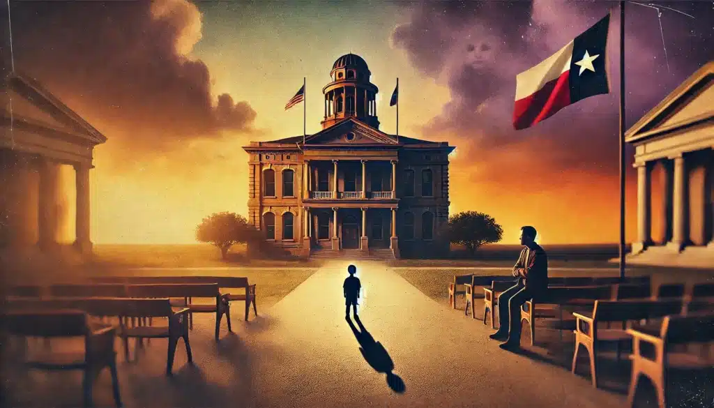 A wide-angle, photo-realistic, cinematic illustration representing neglect and child abuse in custody cases. The scene shows a somber courthouse in Texas with a distant figure of a child standing alone, emphasizing isolation and vulnerability. A concerned parent stands nearby, looking at the child, while shadows loom over, symbolizing the darker aspects of neglect and abuse. The background has a warm summer sky, contrasting with the serious tone of the scene. The Texas flag is visible, reinforcing the legal context.