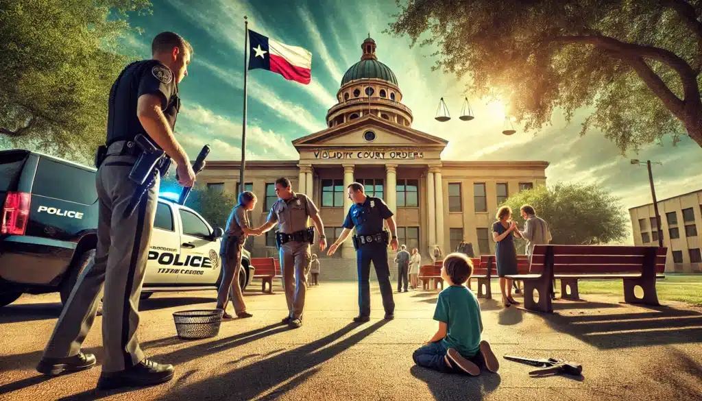 A wide-angle, photo-realistic, cinematic illustration showing the consequences of violating court orders in custody cases. The scene depicts a courthouse in Texas under a bright summer sky. In the foreground, a parent is being approached by a police officer, symbolizing legal consequences, while a judge is visible in the background. A distressed child stands nearby, caught in the middle. The warm summer vibes contrast with the seriousness of the violation, emphasizing the emotional and legal impacts of breaking court orders. The Texas flag waves in the distance, grounding the scene in its legal context.