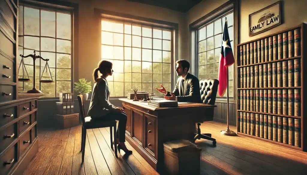 A wide-angle, photo-realistic, cinematic illustration of a family law attorney advising a mother on custody issues. The scene takes place in a law office with large windows letting in the warm summer light. The attorney sits at a desk, attentively listening and offering advice to a concerned mother sitting across from him. Legal documents are spread on the desk, and a Texas flag is visible in the background, indicating the legal setting. The overall mood reflects a calm, supportive environment, with the summer vibes softening the serious conversation.
