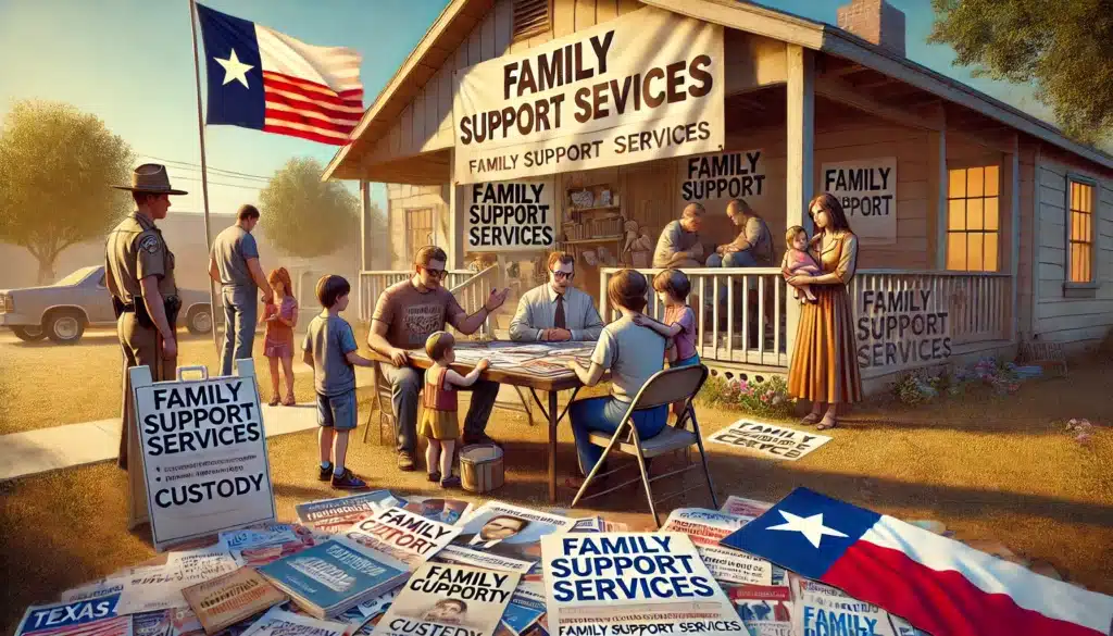 A wide-angle, photo-realistic, cinematic illustration providing resources for families facing custody challenges. The scene takes place outdoors on a warm summer day, with a family gathered around a table covered with pamphlets, legal documents, and brochures. A community resource center is visible in the background, with a sign that reads 'Family Support Services.' A counselor or legal advisor is talking to the family, offering guidance, while children play nearby, reflecting hope and support. The Texas flag waves gently in the breeze, symbolizing the local legal framework. The mood is supportive and encouraging, with summer vibes emphasizing warmth and care.