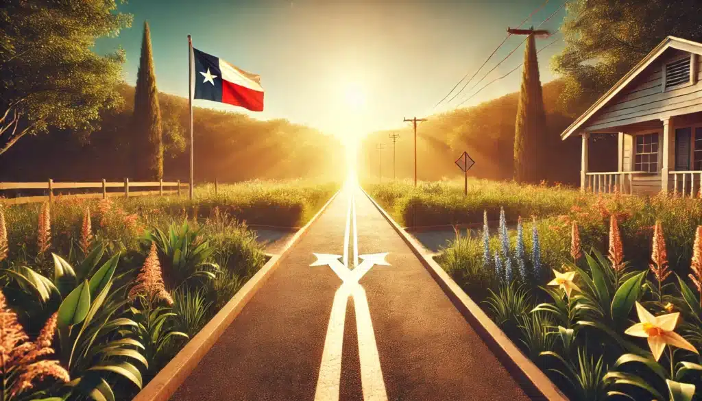 A wide-angle, photo-realistic, cinematic summer scene symbolizing the concept of insupportability in Texas divorce. The image captures two separate paths or roads diverging peacefully under warm sunlight, with subtle visual elements like a Texas state flag in the background and soft summer greenery. One path symbolizes separation while the other represents the idea of moving forward peacefully. The mood is calm and reflective, with no conflict in sight, representing the no-fault nature of insupportability in Texas divorce. A serene, inviting summer atmosphere surrounds the scene.