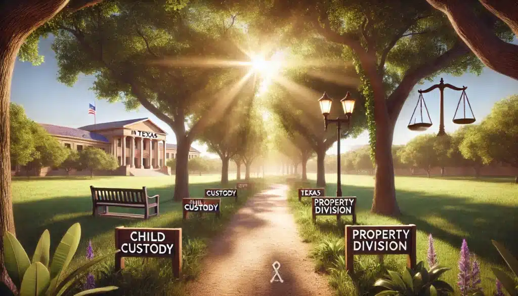 A wide-angle, photo-realistic, cinematic summer scene representing key considerations during the divorce process in Texas. The image features a peaceful outdoor setting, with a sunlit path winding through a green park. Along the path, symbols of key divorce considerations such as child custody, property division, and legal paperwork are subtly illustrated through signs or symbolic objects. A courthouse can be seen in the distance, blending with the serene environment. The warm summer vibes and tranquil atmosphere create a calm and reflective mood, representing the process of navigating divorce decisions.