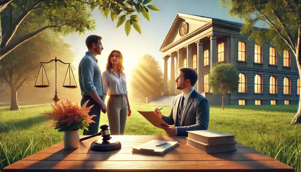 A wide-angle, photo-realistic, cinematic summer scene representing the role of a family law attorney in divorce proceedings. The image features a serene outdoor setting with a courthouse in the background. In the foreground, a calm interaction takes place between a lawyer and a couple, with the lawyer holding legal documents and offering guidance. The couple appears engaged, reflecting trust and professionalism. Warm sunlight, summer greenery, and a tranquil environment symbolize the attorney's role in making the divorce process smoother and more manageable. The mood is professional yet peaceful, with subtle legal elements woven into the scene.