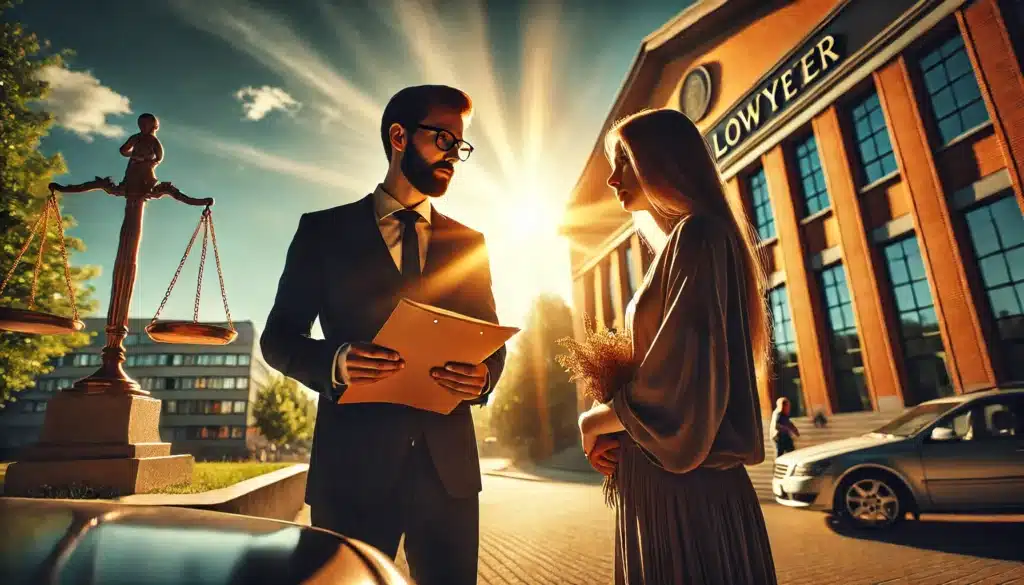 A wide-angle, photo-realistic, cinematic image with warm summer vibes, capturing the essence of how a family lawyer can help in child custody battles and legal representation. The scene shows a family lawyer standing beside a parent outside a courthouse or legal office, with legal documents in hand, as they discuss strategy. The parent looks relieved, while the lawyer provides confident and reassuring guidance. In the background, the sun casts a golden light, symbolizing hope and resolution. The overall atmosphere conveys trust, professionalism, and the importance of legal representation in custody battles.