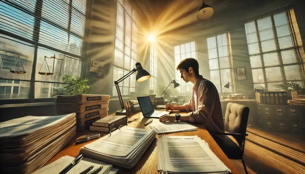 A cinematic, photo-realistic wide-angle image showing a person preparing documents for a temporary orders hearing during summer. The scene captures the person seated at a desk, focusing on organizing legal documents and evidence. Sunlight streams through nearby windows, casting a warm, natural glow over neatly stacked papers and a laptop. The atmosphere is one of quiet concentration and preparation, with subtle details like pens, highlighters, and notes spread out on the desk. The room has a summery, inviting feel, capturing the high stakes and dedication required. Wide-angle view enhances the immersive, cinematic quality of the moment.