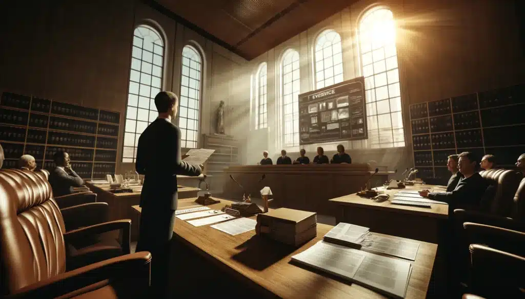 A cinematic, photo-realistic wide-angle image showing a person confidently presenting evidence in a courtroom during summer. The person stands before the judge, holding well-organized documents and using a projector or digital screen to display key pieces of evidence. Sunlight streams through tall courtroom windows, casting a warm glow over the scene and enhancing the formal, high-stakes atmosphere. Tables are organized with stacks of legal papers, creating an impression of thorough preparation and professionalism. Captured in a wide-angle style to evoke an immersive and cinematic feel.