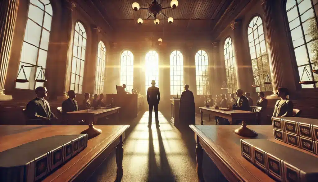 A cinematic, photo-realistic wide-angle image illustrating the impact of proper conduct on case outcomes in a courtroom setting during summer. The scene captures a person standing before a judge, with a respectful and composed posture, representing professionalism and calmness. The judge looks attentive, and sunlight pours through large windows, casting warm light across the room, giving the scene a serious yet uplifting atmosphere. Tables in the foreground have neatly organized documents, symbolizing preparation and order. Captured in a wide-angle style to convey the immersive, high-stakes nature of the court environment.