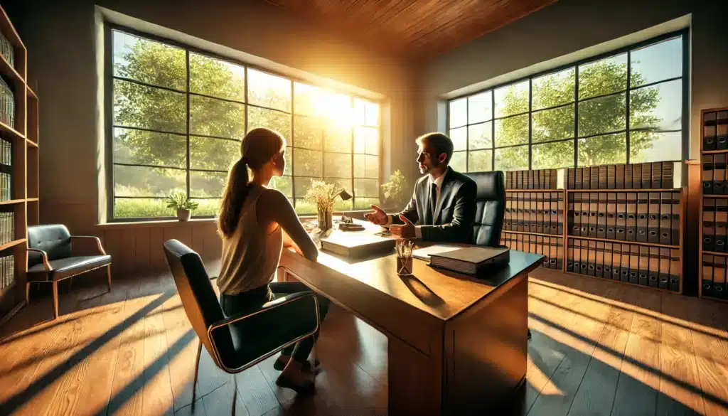 A cinematic, photo-realistic wide-angle image illustrating a person seeking legal counsel for a family law case during summer. The scene shows a client sitting across from an attorney in a sunlit office with warm, natural lighting streaming through large windows. The person appears attentive, listening as the attorney provides guidance. Legal documents and notepads are spread out on a polished wooden desk, creating an atmosphere of focused consultation. The setting is professional and welcoming, with subtle summery details like greenery outside the windows. Captured in a wide-angle style to convey the immersive, supportive atmosphere of the legal consultation.