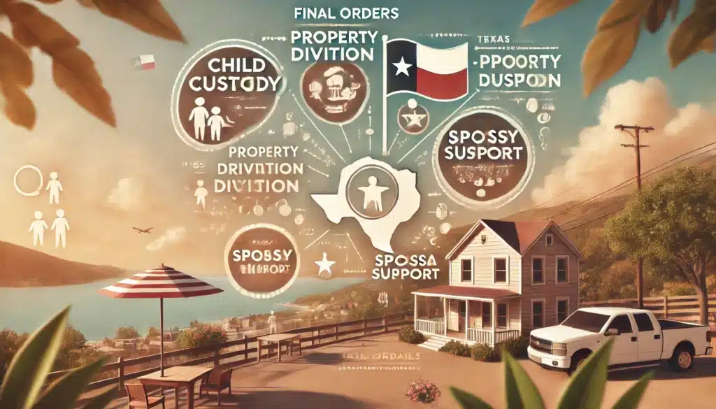 A wide-angle, photo-realistic, cinematic diagram illustrating key features of final orders in a Texas divorce case. The design includes clean, organized sections covering topics like child custody, property division, spousal support, and financial arrangements. The background has subtle summer vibes with warm tones and Texas symbols, like a small Texas flag or state outline, giving the image a professional yet approachable feel, making the details easy to understand.
