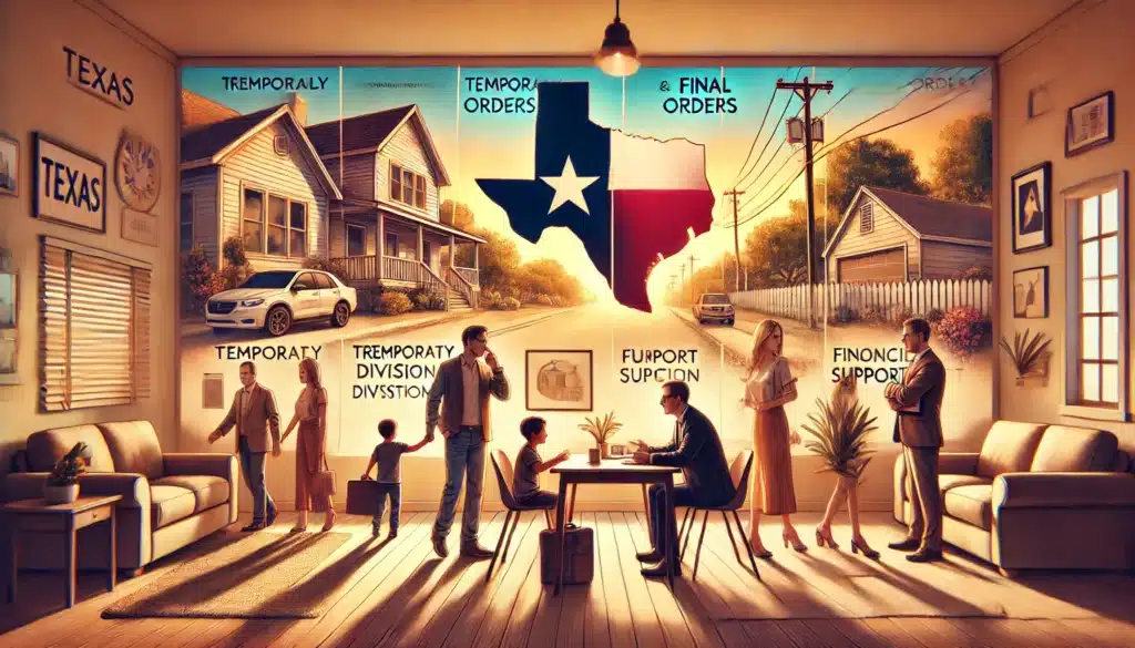 A wide-angle, photo-realistic, cinematic illustration of real-life scenarios showing the impact of temporary and final orders in Texas divorce cases. The image captures scenes like a parent picking up a child for visitation, a discussion over property division, and financial support conversations. Set against a warm, inviting summer backdrop with subtle Texas elements such as a Texas flag or outline, the layout is clear, professional, and engaging, visually representing how these orders influence daily life.