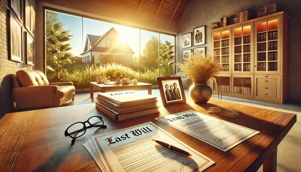 Wide-angle, photo-realistic, cinematic image with summer vibes, showcasing key documents in estate planning. The scene features a large, well-lit desk in a home office with a bright summer light streaming through a window. On the desk, there are neatly arranged documents labeled 'Last Will' and 'Living Will,' along with a pen, a pair of reading glasses, and a family photo frame. The atmosphere is warm and calm, symbolizing careful planning and the importance of securing a family's future. The background shows a glimpse of a peaceful garden, reinforcing a sense of tranquility and security.