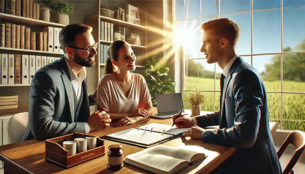Wide-angle, photo-realistic, cinematic image with summer vibes, showing a scene of a Wills and Trusts Attorney assisting clients in estate planning. The scene features a bright, well-lit office with large windows letting in natural sunlight. The attorney, dressed professionally, is sitting at a desk with a warm smile, engaging with a couple seated across from them. On the desk, there are open documents, a laptop, and a pen. The clients appear focused and engaged, discussing their estate plans. The background includes a bookshelf and a view of a sunny garden, evoking a feeling of security, trust, and a positive summer atmosphere.