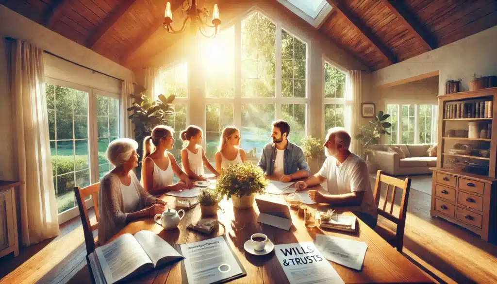 Wide-angle, photo-realistic, cinematic image with summer vibes, depicting a scene that symbolizes supporting family through estate planning. The image features a bright, sunlit room with a family gathered around a large table. The atmosphere is warm and positive, showing parents, grandparents, and children engaged in a thoughtful discussion. On the table, there are documents related to wills and trusts, a laptop, and a cup of tea. The window view shows a lush garden bathed in sunlight, adding a feeling of peace and stability. The overall mood conveys love, unity, and the importance of planning for the family's future.