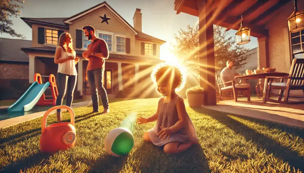 A cinematic, photo-realistic wide-angle image with summer vibes depicting a warm family scene. A child playing joyfully in a backyard surrounded by sunlight, with parents nearby engaging in friendly conversation. The environment feels serene and inviting, emphasizing the child’s well-being and the supportive atmosphere of shared parenting. The scene captures elements of Texas, like subtle Texas-style architecture in the background.