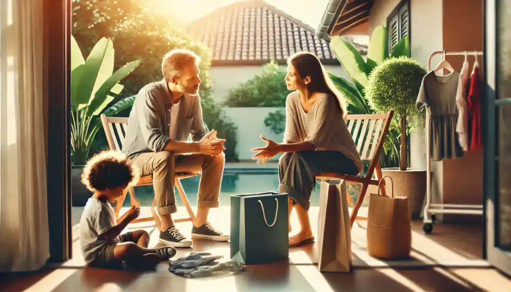 A cinematic, photo-realistic wide-angle image with summer vibes showing a scene of two parents having a calm, constructive discussion about clothing expenses for their child. They are seated on a sunlit patio with a child playing happily nearby, surrounded by a few shopping bags with clothing. The atmosphere feels warm, collaborative, and family-oriented, highlighting the theme of resolving disagreements over child support matters.