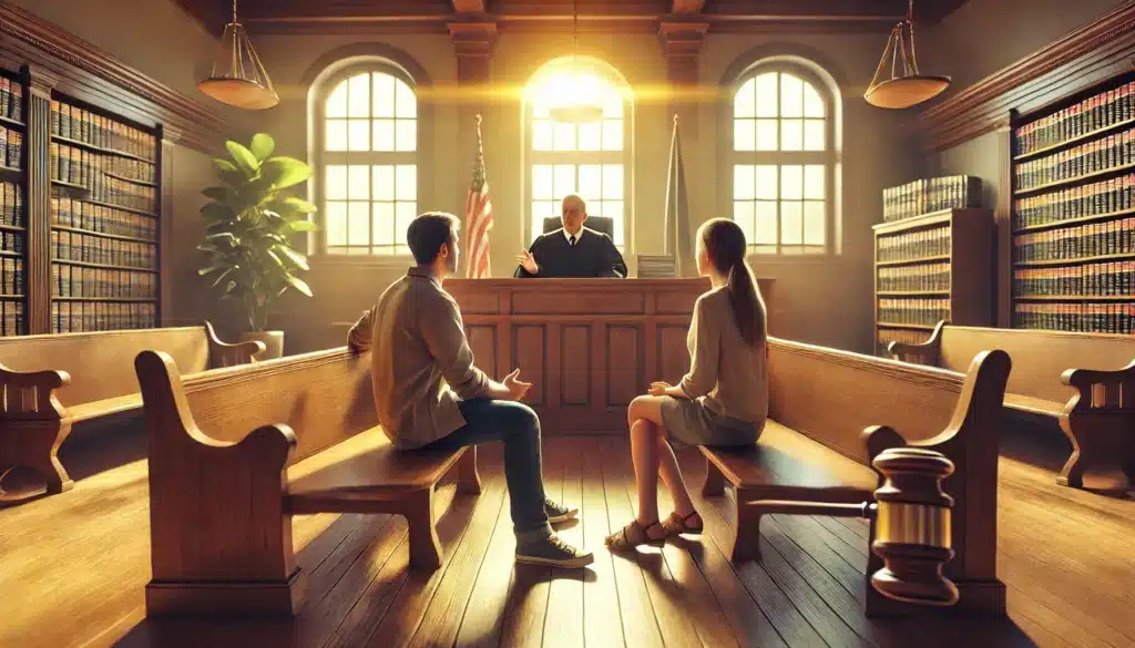 A cinematic, photo-realistic wide-angle image with summer vibes depicting a courtroom scene. The image shows a judge speaking to two parents during a child support hearing. The room is well-lit with natural sunlight streaming through large windows, giving a warm and inviting atmosphere. The parents appear engaged and calm, reflecting a collaborative approach to resolving child support matters. The setting includes classic courtroom elements, such as wooden benches and a judge's desk, emphasizing the legal guidelines and court involvement in child support decisions.