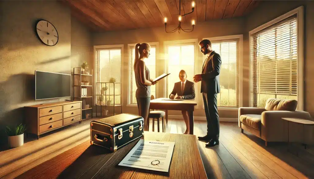 A wide-angle, photo-realistic, cinematic image with summer vibes. A symbolic representation of protecting assets through a cohabitation agreement. A couple stands together in a modern home, reviewing a legal document with a lawyer at a wooden table. A soft golden sunset light filters through the large windows, creating a warm and secure atmosphere. A small safe and a stack of financial documents are subtly placed nearby, reinforcing the theme of asset protection. The couple looks reassured and confident, emphasizing the importance of planning for the future.