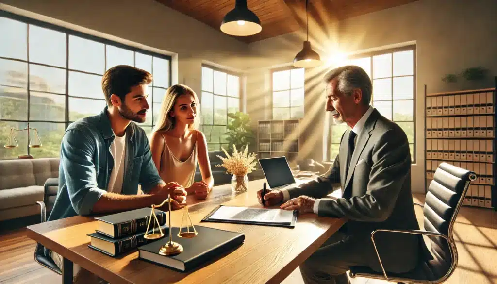 A wide-angle, photo-realistic, cinematic image with summer vibes. An experienced family law attorney sits at a modern wooden desk in a bright office, consulting with a couple about their cohabitation agreement in Texas. The couple listens attentively while reviewing legal documents spread out on the table. A warm golden sunlight streams through large windows, creating a professional yet inviting atmosphere. Legal books, a laptop, and a notepad add to the setting, emphasizing the importance of legal guidance. The attorney appears knowledgeable and approachable, ensuring the clients feel confident in their decisions.