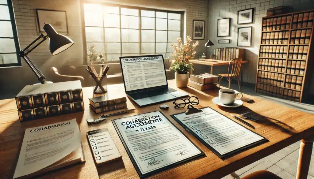A wide-angle, photo-realistic, cinematic image with summer vibes. A well-organized workspace featuring a step-by-step guide to drafting a cohabitation agreement in Texas. A modern wooden desk is neatly arranged with legal documents, a checklist outlining key steps, a laptop displaying contract templates, and a cup of coffee. Sunlight streams through a large window, casting a warm glow on the scene, while a law book and a notepad add to the professional yet approachable setting. The atmosphere conveys clarity, organization, and the importance of legal preparation.