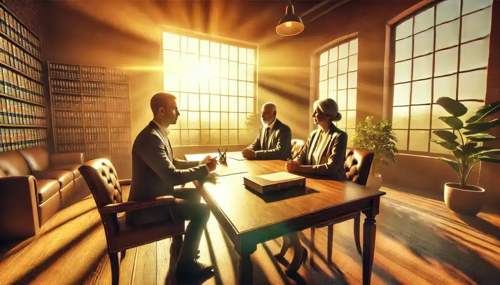 A wide-angle, photo-realistic, cinematic image depicting a peaceful mediation session in Texas during the summer. A neutral mediator sits at a table with a divorcing couple, guiding them through the mediation process. The setting is warm and inviting, with sunlight streaming through large windows, casting a golden glow. The couple appears engaged in a respectful discussion, with legal documents neatly arranged on the table. The atmosphere conveys cooperation and resolution, contrasting with the tense courtroom setting. No text should be included in the image.