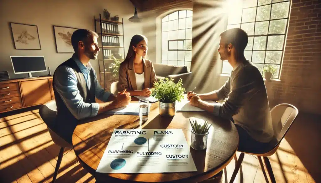 A wide-angle, photo-realistic, cinematic image capturing a peaceful mediation session focused on creating stable parenting plans in Texas. A neutral mediator sits with a divorcing couple, helping them discuss their children's future in a warm, sunlit office. The couple appears engaged and cooperative, with documents outlining parenting schedules and custody plans spread on the table. The atmosphere is calm, with summer sunlight streaming through large windows, highlighting the hopeful and constructive nature of the discussion. No text should be included in the image.