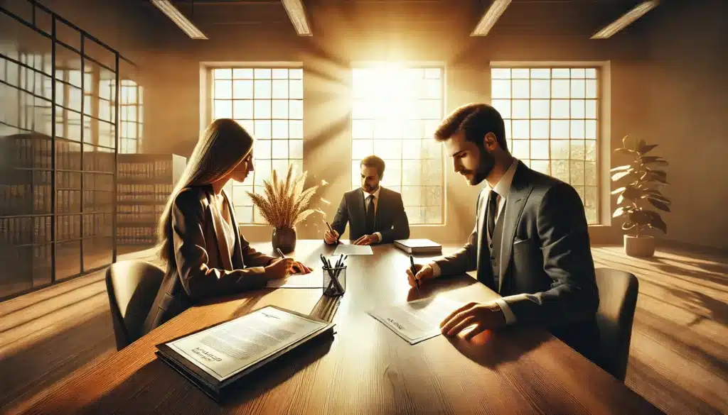 A wide-angle, photo-realistic, cinematic image capturing the moment a divorcing couple finalizes their mediation agreement in Texas. The setting is a warm, sunlit office with large windows allowing summer sunlight to stream in. A neutral mediator sits across from the couple as they review and sign legal documents. The atmosphere is calm yet decisive, symbolizing closure and a new beginning. The couple appears relieved and focused, while the mediator ensures clarity in the agreement. Legal paperwork and pens are neatly arranged on the table. No text should be included in the image.