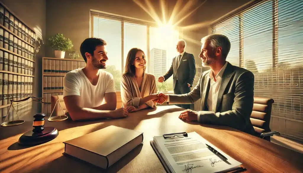 A wide-angle, photo-realistic, cinematic image capturing real-life examples of successful mediation outcomes in Texas. The setting is a warm, sunlit office where a neutral mediator sits with a divorcing couple who are smiling and shaking hands, signifying a positive resolution. Legal documents are neatly arranged on the table, and the atmosphere is one of relief and optimism. The large windows let in summer sunlight, enhancing the hopeful mood. The couple appears happy with their mediated agreement, reflecting a successful, peaceful resolution. No text should be included in the image.