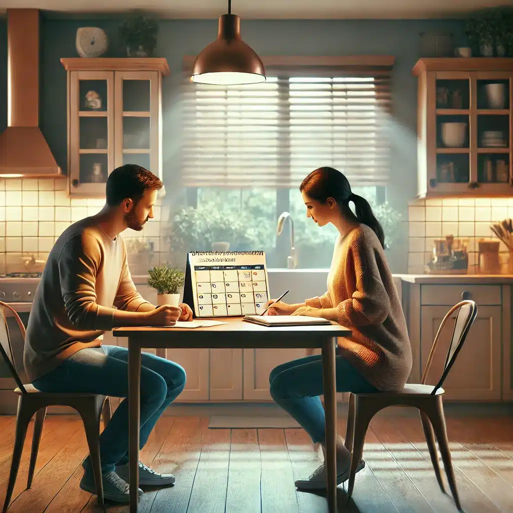 Parents organizing a weekly custody schedule at a kitchen table, with a calendar and notes, in a cozy setting, emphasizing family collaboration in child custody planning.