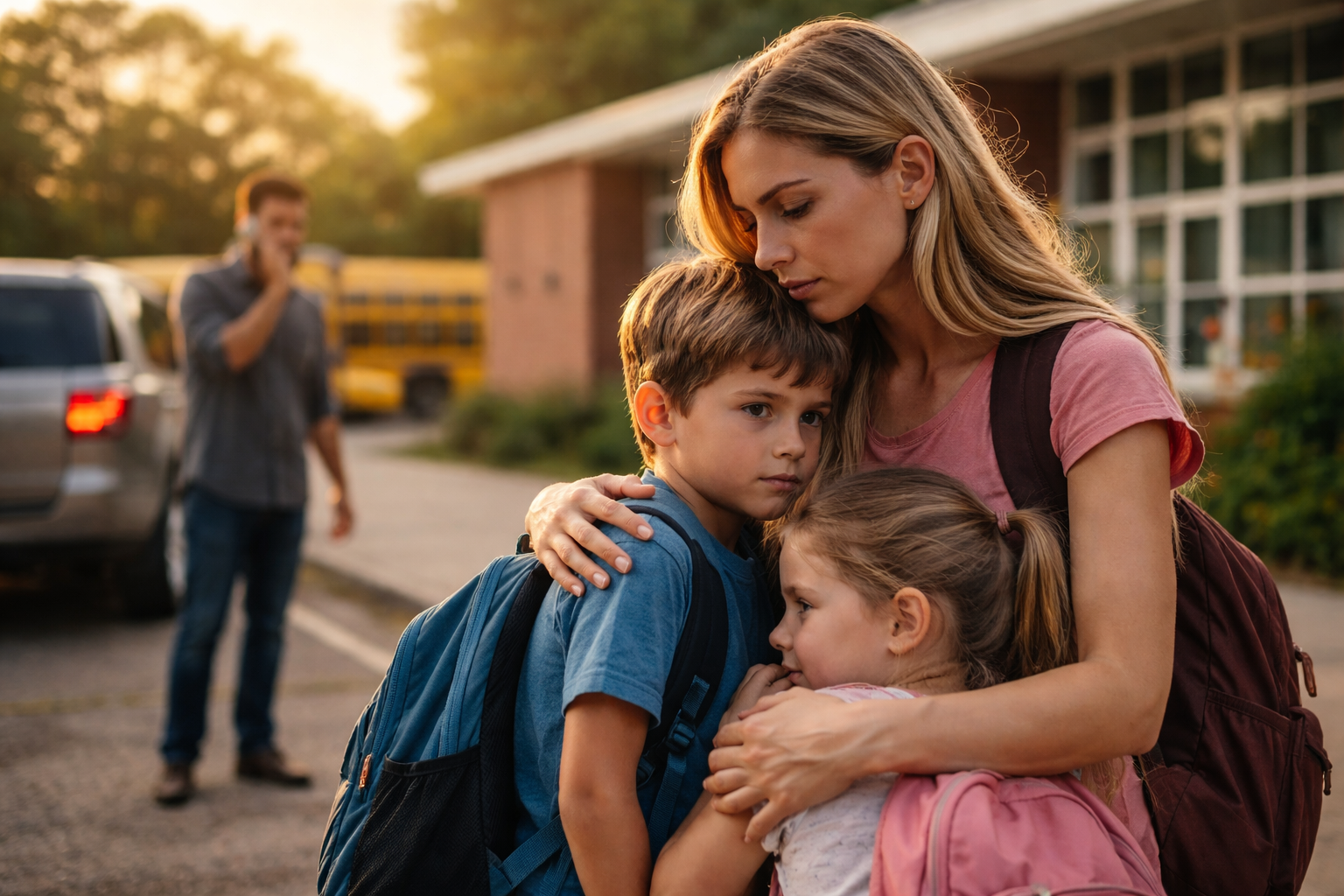 Mother comforting two children outside a Texas school during a tense divorce situation affecting family stability