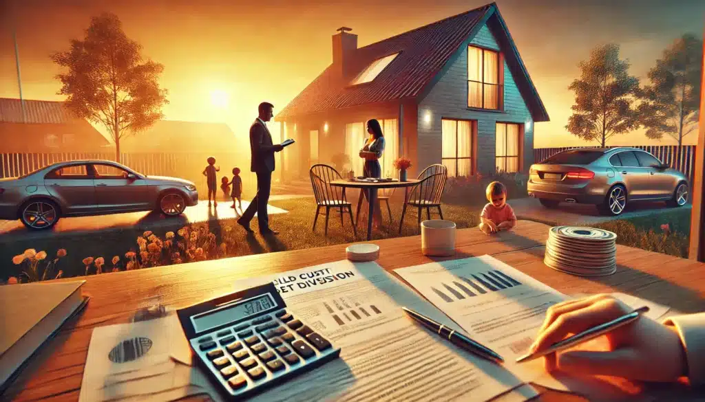A wide-angle, photo-realistic, cinematic summer scene illustrating. The scene captures a modern suburban home during a warm, golden sunset. A couple is seen discussing, with children playing in the background. A house, car, and financial documents are placed on a table, symbolizing the involved. The mood reflects both the emotional and legal aspects of divorce, with an emphasis decisions. The lighting creates a serene, thoughtful atmosphere while highlighting the summer vibes.