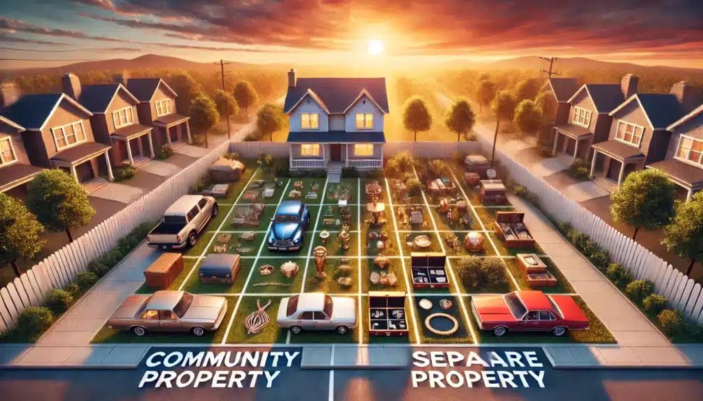A wide-angle, photo-realistic, cinematic illustration with summer vibes. The scene visually represents the distinction between community property and separate property in a Texas divorce. On one side, assets like a house, cars, and joint bank accounts represent community property, while on the other side, items like inherited jewelry, personal savings, and a pre-marriage business represent separate property. The division is clear, with symbolic lines or dividers, under a warm summer light that creates an inviting yet thoughtful atmosphere. The scene feels balanced and structured, as if visually explaining the concept in a calm, digestible manner.