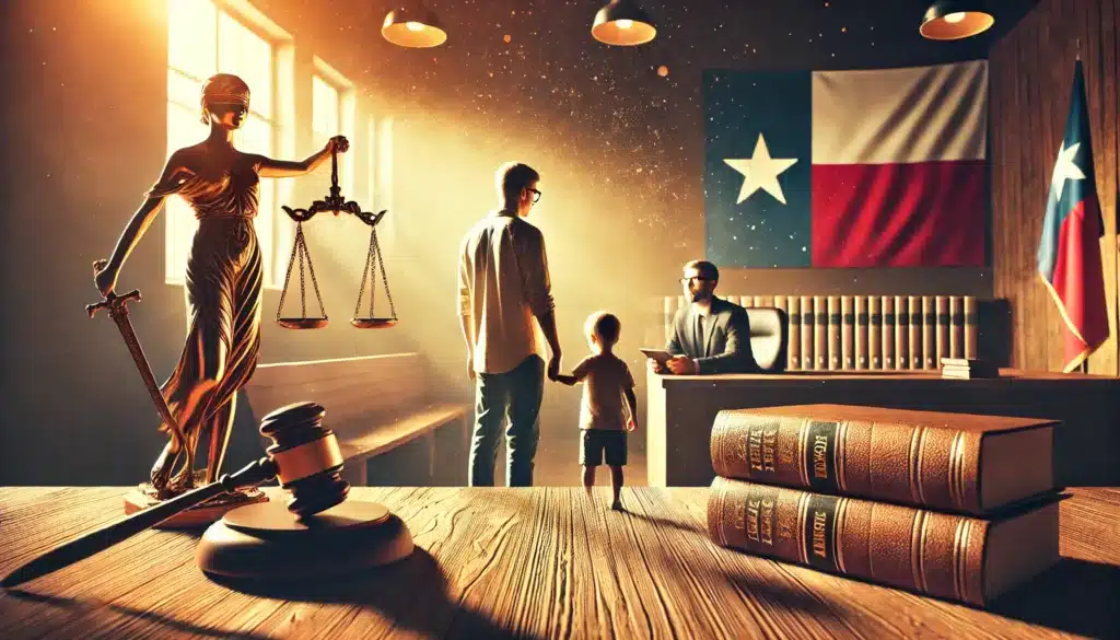 A wide-angle, photo-realistic, cinematic image with summer vibes, illustrating the concept of parental rights in Texas. The image shows a courtroom setting under warm sunlight with a parent and child standing beside their attorney. In the background, there are law books and Texas state symbols, symbolizing the importance of understanding legal obligations. The summer ambiance creates an atmosphere of clarity and optimism as the parent navigates their rights and responsibilities. The setting evokes hope and resolution, reflecting the serious yet hopeful nature of family law in Texas.