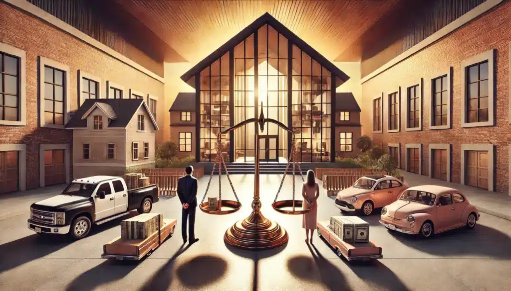 A wide-angle, photo-realistic, cinematic summer scene depicting the concept of community property laws in a Texas divorce. The scene features a modern courthouse with scales of justice symbolizing fairness. On one side, a family home, car, and savings account are divided between a man and a woman standing opposite each other. The backdrop is a warm, golden sunset, casting a serene yet serious tone over the moment. The image reflects legal and emotional aspects of asset division during a Texas divorce, with a focus on balance and equity.