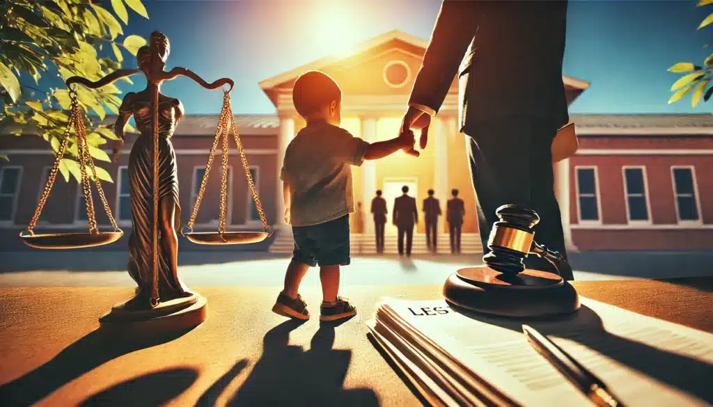 A wide-angle, photo-realistic, cinematic image with summer vibes, illustrating the concept of protecting the child's best interests in legal scenarios involving parental rights and child support. The image shows a parent and child holding hands outside a courthouse, symbolizing the legal processes surrounding child support and parental rights. In the background, legal documents and scales of justice can be seen subtly, while the warm sunlight creates an atmosphere of hope and resolution. The overall setting reflects the care and focus on the child's well-being in these legal matters.