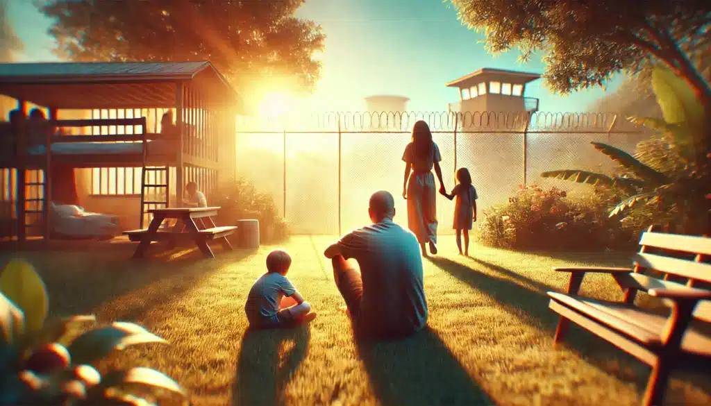 A wide-angle, photo-realistic, cinematic summer scene depicting the challenges faced by incarcerated parents in Texas. The scene shows a family in a warm, sunlit outdoor setting, like a backyard or park, with subtle symbols of incarceration in the background, such as a distant, blurred prison or legal documents. The family looks separated, with a sense of emotional distance, symbolizing the loss of parental rights. The image captures summer vibes with soft sunlight and shadows, evoking a feeling of hope despite the difficult situation.