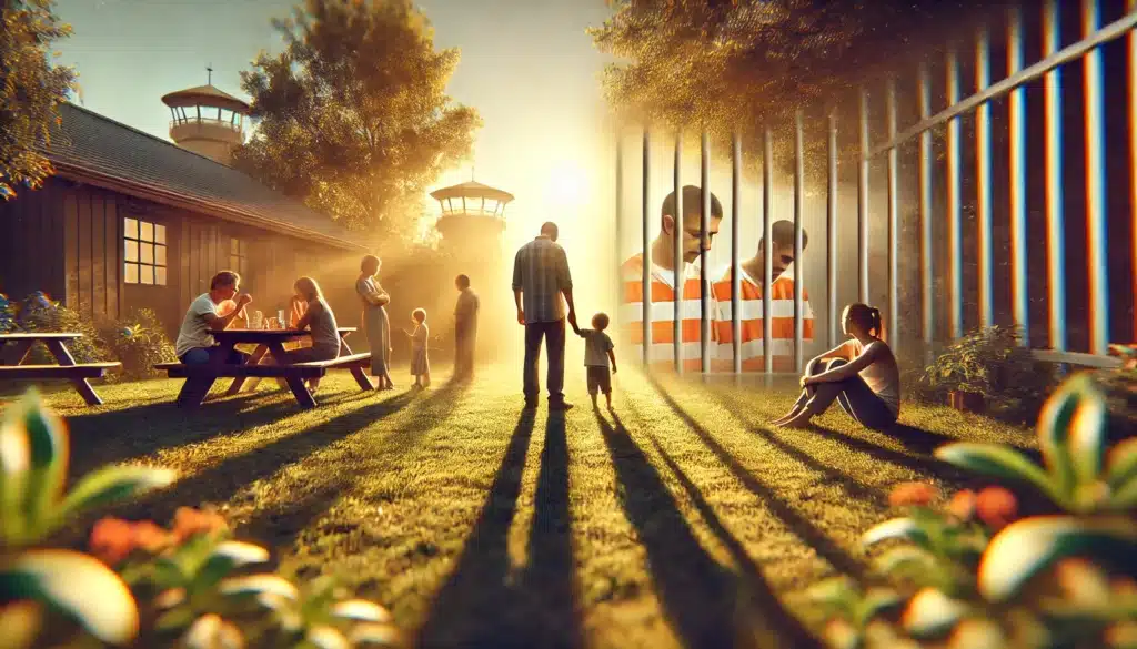 A wide-angle, photo-realistic, cinematic summer scene representing the impact of incarceration on parental rights and child custody. The scene takes place in a sunlit backyard or park, where a family is present but separated by an invisible emotional barrier. In the background, subtle elements like blurred legal documents or a distant prison represent incarceration. The warm summer light contrasts with the emotional tension, symbolizing the challenges of maintaining parental rights and custody amidst incarceration. The overall vibe is cinematic with a hopeful yet serious tone.