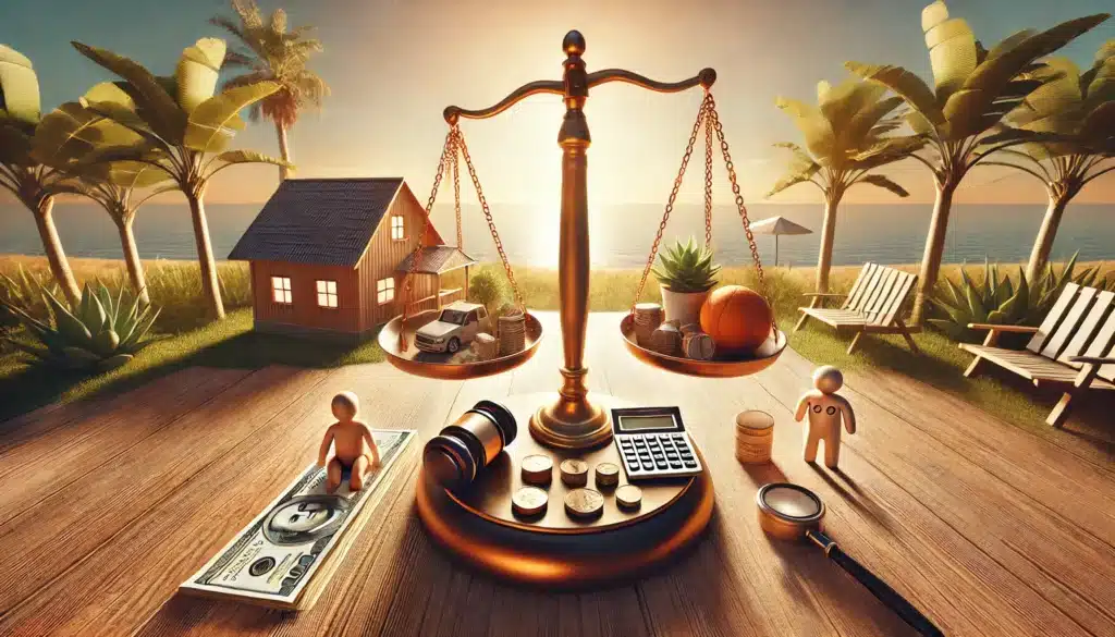 A wide-angle, photo-realistic, cinematic image with summer vibes, visually representing the factors influencing asset division during divorce proceedings. The image shows a balance scale in the center, with different symbolic items on each side. On one side: a house, money, and a calendar represent assets, financial contributions, and the length of the marriage. On the other side: a gavel, a child’s toy, and health-related items represent custody, child support, and personal well-being. The scene is set outdoors in a warm, golden summer light, giving it a thoughtful and balanced atmosphere.