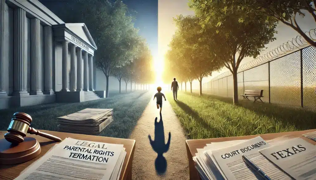 A wide-angle, photo-realistic, cinematic summer scene representing the concept of parental rights termination in Texas. The image captures a symbolic moment where a parent and child are walking in opposite directions on a sunlit path, with one side representing legal documents, court buildings, and somber tones, and the other side showing a carefree child running towards a brighter future, highlighting the emotional and legal separation. The summer sunlight and open landscape evoke a sense of change and finality.