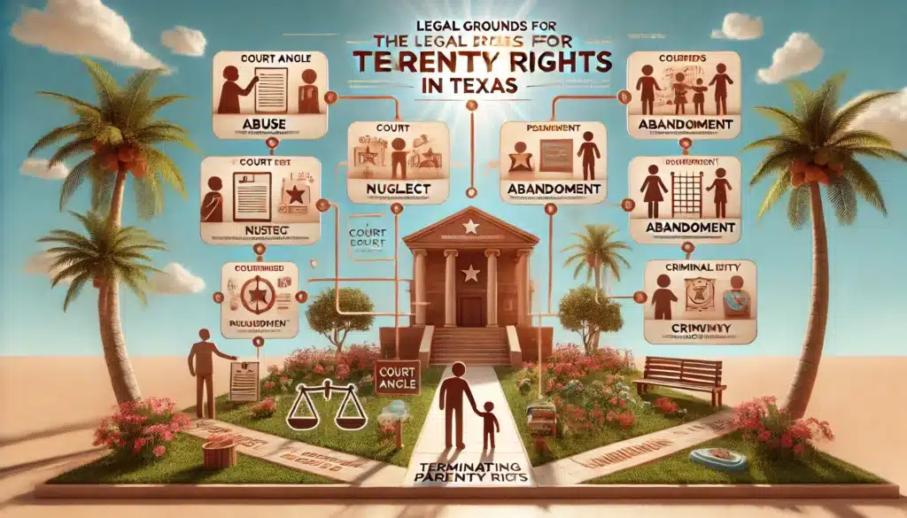 A wide-angle, photo-realistic, cinematic infographic outlining the legal grounds for terminating parental rights in Texas. The infographic is designed in a clean, modern style with a summer vibe. It includes key legal elements such as court documents, parental and child icons, and pathways representing the legal process, with visual sections highlighting the grounds like abuse, neglect, abandonment, and criminal activity. The warm sunlight and summer tones evoke a sense of clarity and importance, balancing the seriousness of the topic with approachable visuals.